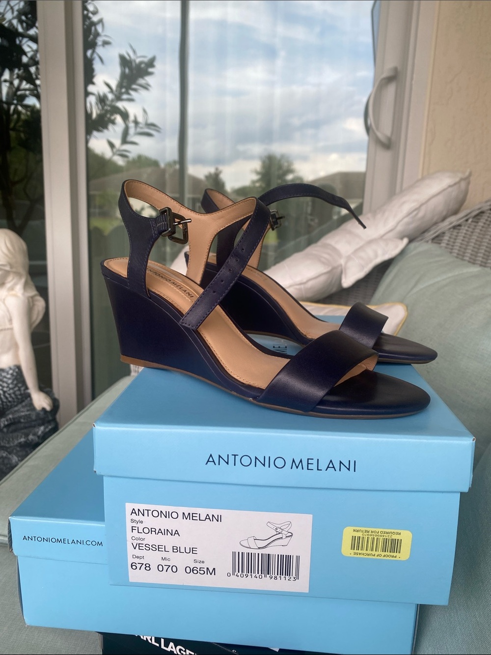 ANTONIO MELANI Vessel Blue Leather Wedge Sandals